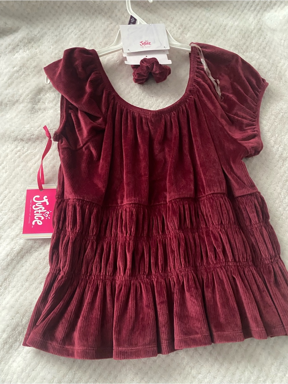 Justice Girls' Burgundy Velvet-Look Ruffle Top with Matching Scrunchiei